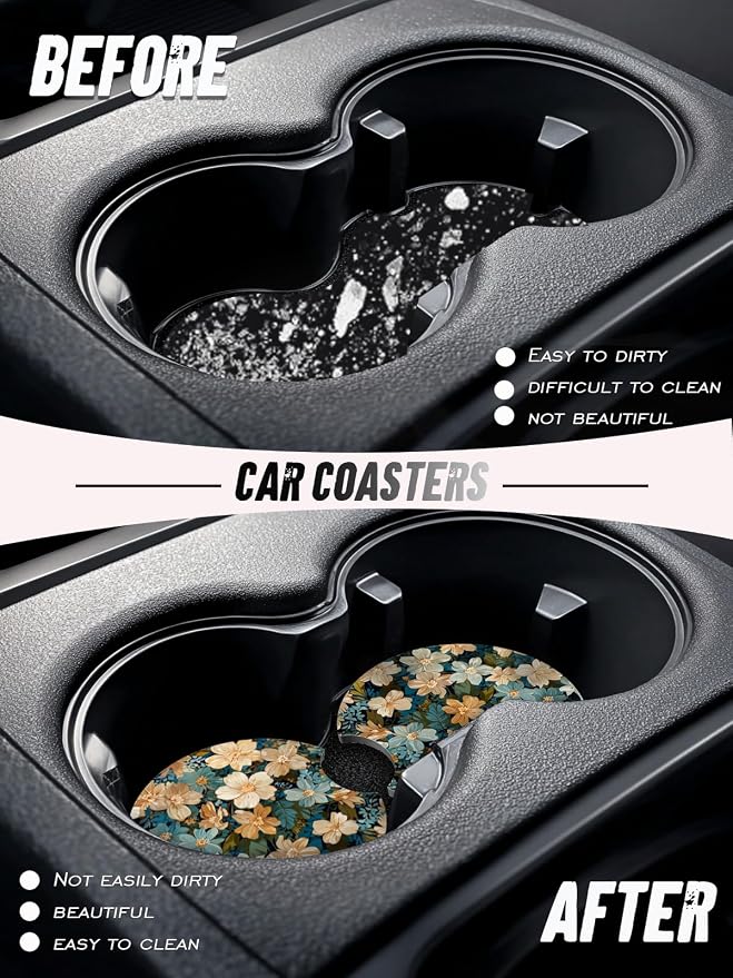 Car Cup Coasters,2 Pack Car Coaster,2.75inch Anti Slip and Absorbent Cars Coasters for Cup Holders,Neoprene Car Accessories for Women,Cute Decor for Women(White-Blue Flowers)