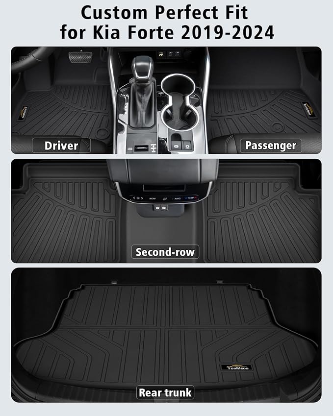 Floor Mats Custom for Kia Forte 2019-2024 Sedan | All Weather TPE Rubber Floor Liners, Cargo Liner Full Set for Forte Accessories, Black