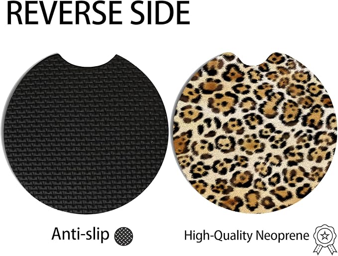 2pcs Cute Leopard Print Car Coasters,Absorbent Universal neoprener Cup Holder Coasters with a Finger Notch,Car Accessories for Women&Man Interior，2.75" 1