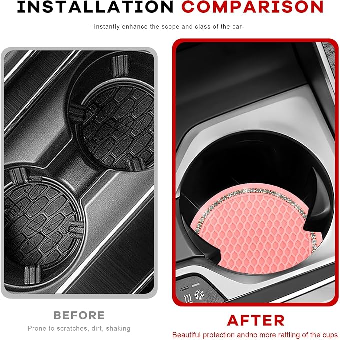 2PCS Bling Car Cup Coaster, 2.69 Inch Anti-Slip Auto Cup Holder Drink Mat w/Crystal Rhinestones, Universal Shiny Diamond Vehicle Insert Coasters Cups Mats for Women (Pink & White)