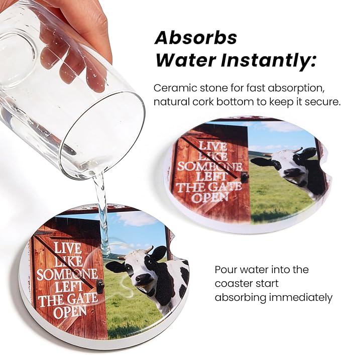 2 Pack Cow Car Print Car Coasters for Men Women Car Cup Holder Coasters, 2.63 Inch Anti Slip Ceramic Absorbent Coaster with Cork Base and Finger Notch, Cute Fun Car Accessories Interior