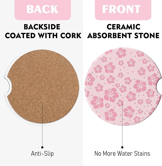 2 Pack Car Coasters for Cup Holders, Absorbent Ceramic Cup Coaster with Cork Base and Finger Notch, Cute Car Accessories Interior for Women Men