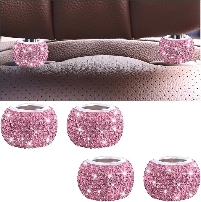 4PCS Bling Car Headrest Collars, Crystal Rhinestone Vehicle Head Rest Collars Decorative Rings, Diamond Automotive Seat Interior Charms Accessories, Universal for SUV, Sedan, Truck (Pink)