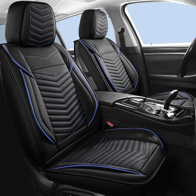 HChengkikz Car Seat Cover, Waterproof Faux Leather (Black + Blueline) | Easy Maintenance, Airbag Compatible, Universal Fit For Most SUVs Trucks Pick-ups Sedans