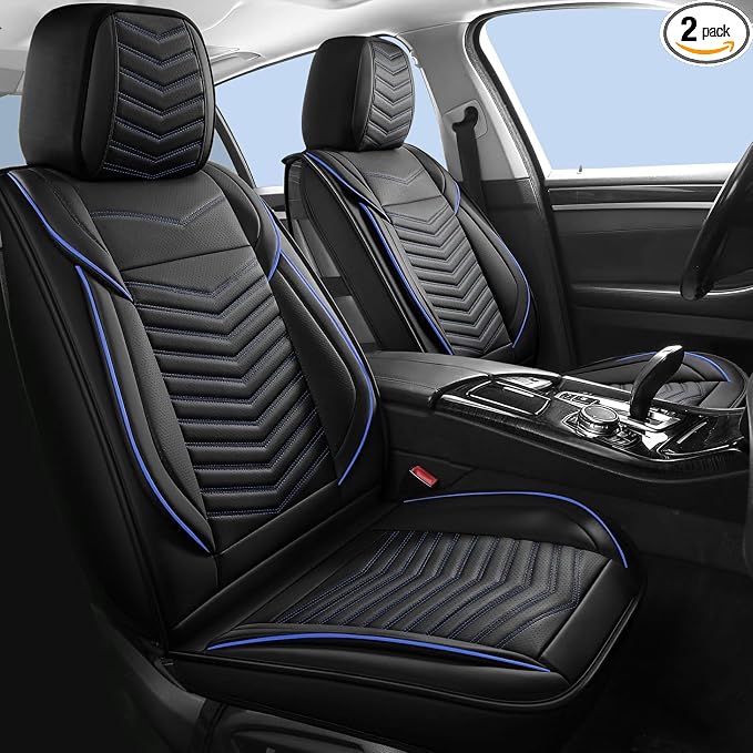 HChengkikz Front Car Seat Cover, Faux Leather, Waterproof (Black+Blueline) | Easy Maintenance, Airbag Compatible, Universal Fit For Most SUVs Trucks Pick-ups Sedans