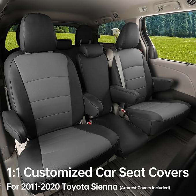 coverdream Sienna Leather Car Seat Covers Custom Fit for 2011-2020 Toyota Sienna SE,LE,XLE,SE Premium,XLE Premium,8-Seater,Full Coverage,Airbag Compatible Auto Seat Protector (Full Set,Black/Gray)