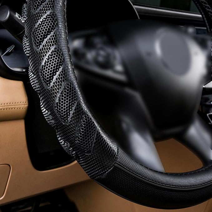 Flying Banner car Steering Wheel Cover Faux Leather Massage Universal fit 3D Honeycomb Hole Anti-Slip Sporty 15 Inches (Black Black)