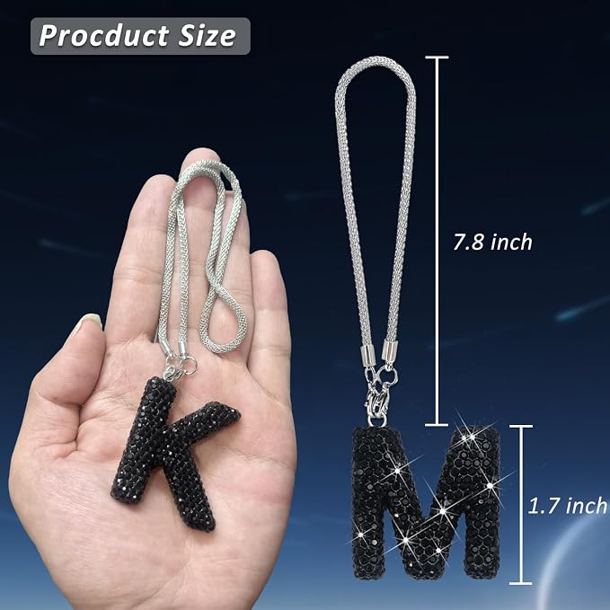 Letter M Bling Black Car Accessories Interior for Women, Interior Charm Rear View Mirror Cute Crystal Pendant Car Decorations for Men, Lucky Gifts Diamond Rhinestone