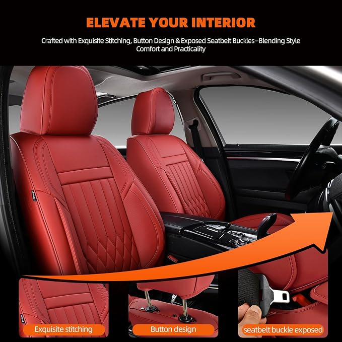 Universal 2-Seater Waterproof Breathable Nappa Leather Car Seat Covers Full Set, Fit for Front Seats, Compatible with Dodge Journey, Toyota Yaris, Honda Pilot HR-V City, Fit Most Sedans SUV Red