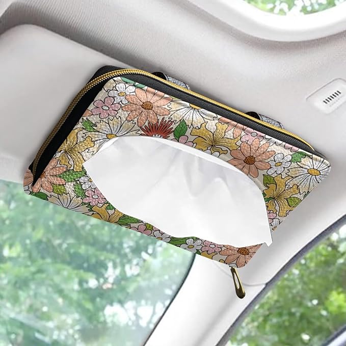 Floral Print Car Sun Visor Tissue Holder PU Leather Tissue Box Car Visor Accessories Automotive Visor Tissue Holder PU Leather Backseat Tissue Box