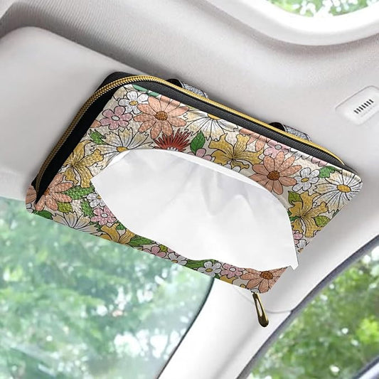 Floral Print Car Sun Visor Tissue Holder PU Leather Tissue Box Car Visor Accessories Automotive Visor Tissue Holder PU Leather Backseat Tissue Box
