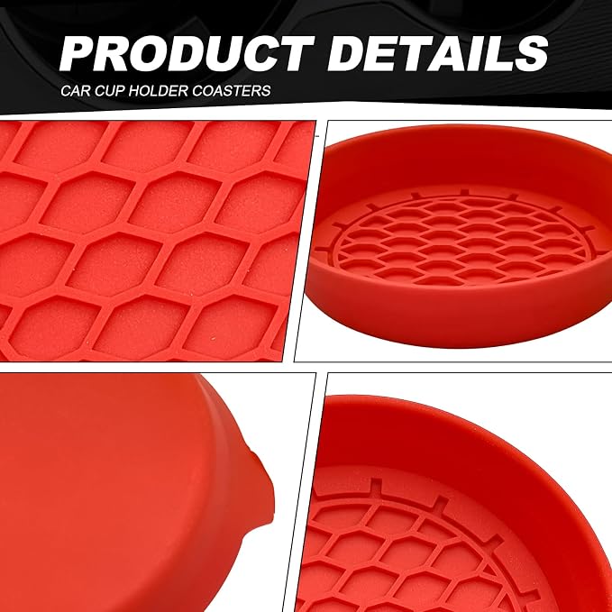 4-Pack Universal Cup Holder Coasters, Black Silicone Inserts - Keep Your Car Clean with Non-Slip & Spill-Proof Coasters for All Vehicles (Red)