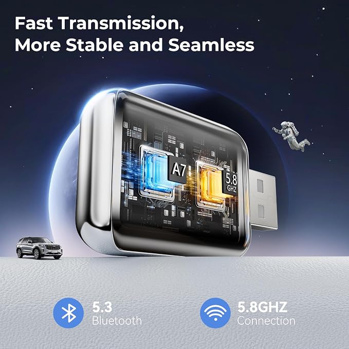2 in 1 Wireless Carplay Adapter for iPhone, Convert Wired Car Play to Wireless for iOS 10 Android 11 and Above, Cars with Built-in Carplay (Silver)