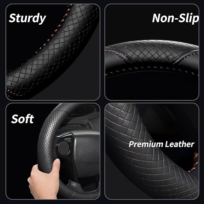 Steering Wheel Cover with Anti-Slip Leather Grip Compatible with Ford, Toyota, Honda, Nissan, and Chevrolet Vehicles for 14.5-15.35 inch Round Steering Wheels Universal Car Accessories