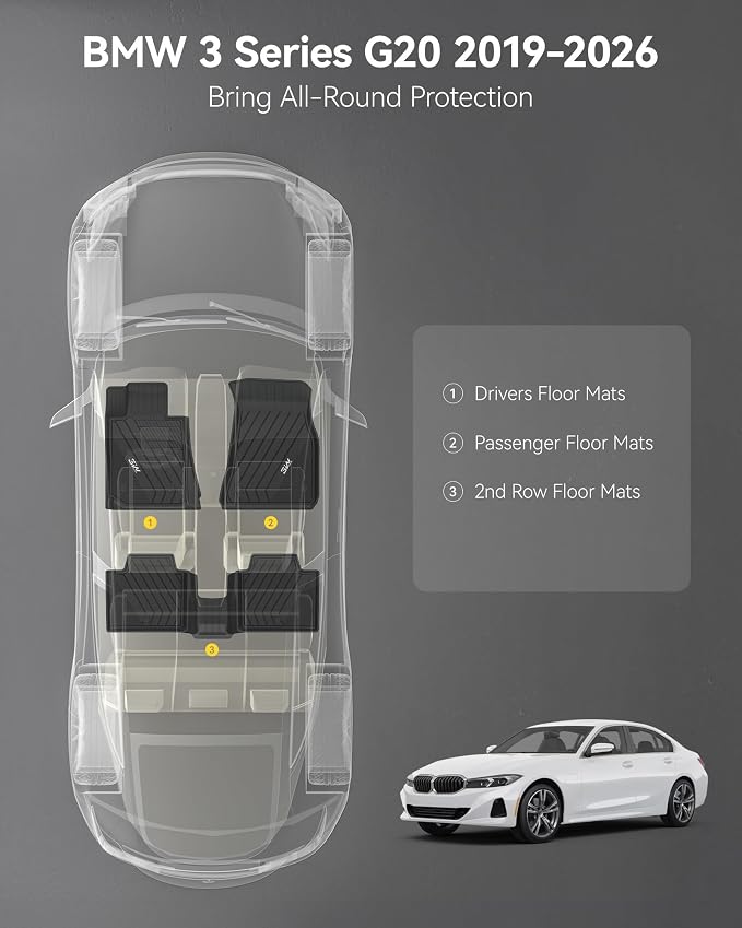 3W Floor Mats Custom Fit for 2019-2024 2025 2026 BMW G20 3 Series 330i 330e Sedan, TPE All Weather Floor Liner for BMW 3 Series G20 Accessories 1st and 2nd Row Full Set Car Mats (NOT for GT & 2 Door)