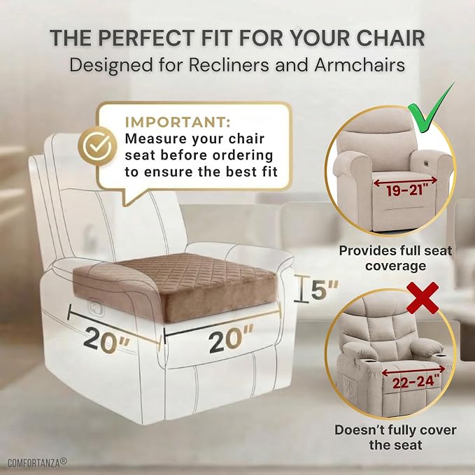 Large Soft 20x20x5 Polyurethane Foam Recliner Chair Seat Cushion for Long Sitting - Washable Velvety Cover with Waterproof Layer, Non-Slip Base - Tailbone Pain & Pressure Relief - Brown
