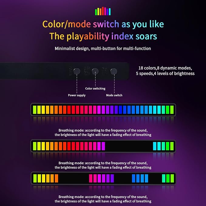 RGB Sound-Activated Music Rhythm Car Ambient Light, 2packs | Gaming or Party Atmosphere, Sound-Sensitive Pulsing, Rechargeable Battery, Soft RGB Lighting, Type-C Charging