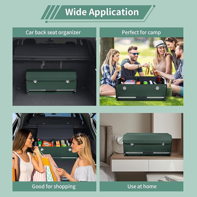 Trunk Organizer for Car with Lid Leather Trunk Organizer Car Organizer | SUV Trunk Organizer with Push-pull Handle Car Trunk Storage Organizer for Minivan, Truck, Sedan (Green, 27.1 x 11.4 x 12.2in)
