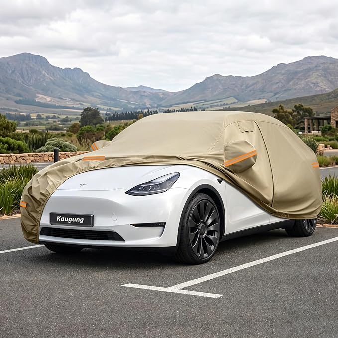 Kaugung Custom Fit Car Cover for Tesla Model Y (2020-2026), Heavy Duty All Weather Waterproof Outdoor SUV Cover, Sun Rain UV Protection with Driver Door Zipper, Mirror Pockets, Vents & Charging Port