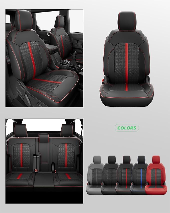 Custom Fit Leather Seat Covers for 2021-2026 Ford Bronco 4 Door | OEM fit, premium waterproof leather, full coverage, anti-slip, storage pockets, long-term durability, airbag compatible