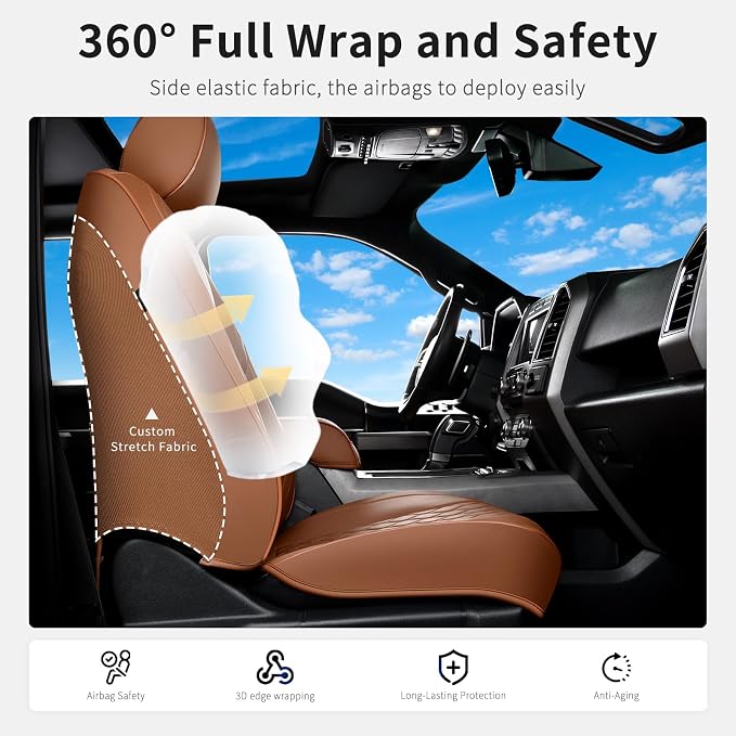 Huidasource Fit for Brown Chevy Silverado Seat Covers, GMC Sierra Seat Covers, Thickened Nappa Leather Truck Seat Cover 2007-2013&2019-2026 1500, 2020-2026 2500HD 3500HD Crew Double Extended Cab