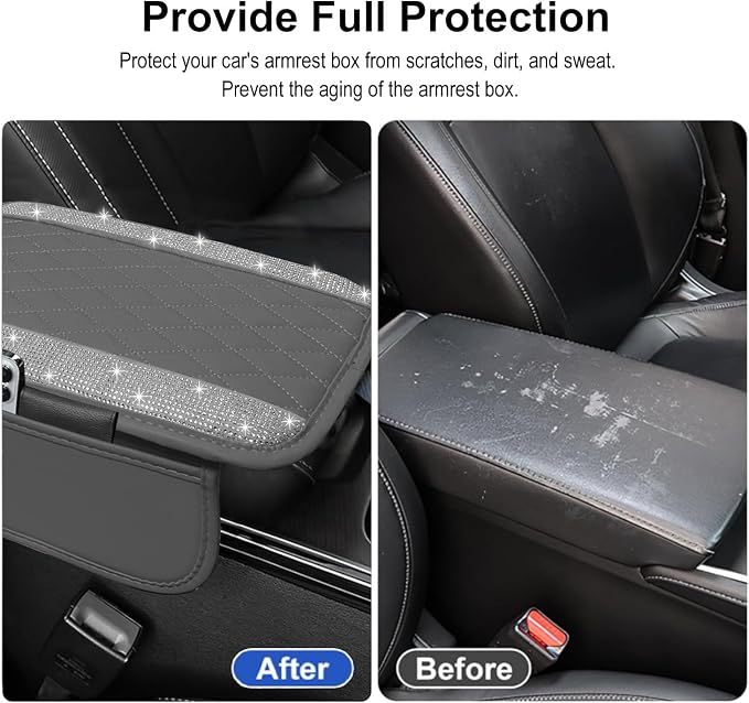 NBTEPEM Bling Grey Car Center Console Cover, Leather Car Arm Rest Cover with 2 Storage Bags, Universal Auto Armrest Protector Storage Box, Bling Accessories Interior for Most Vehicles