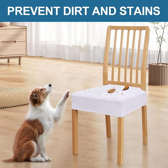 Smiry Waterproof Seat Covers for Dining Room Chairs Set of 8, Stretch Jacquard Removable Washable Chair Seat Slipcovers Protector, No Rear Covers, White