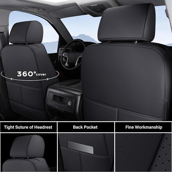 Coverado Chevy Silverado Seat Covers, Faux Leather Seat Covers Fit for Chevy Silverado GMC Sierra 2007-2025 1500, 2015-2025 2500HD 3500HD Crew Double Extended Cab (Front, Black)