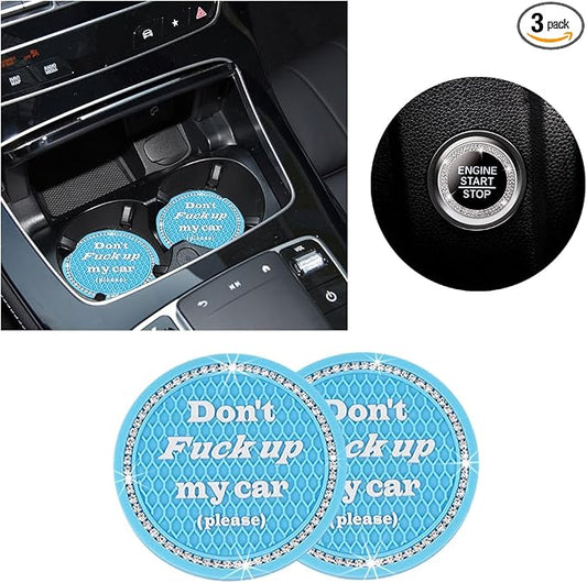 Ziciner 2 Pack Bling Car Cup Holder Coasters with Start Stop Button Cover, 2.75 inch Crystal Rhinestone Soft Rubber Auto Cup Insert Pad, Non-Slip Universal Vehicle Interior Accessories (Light Blue)