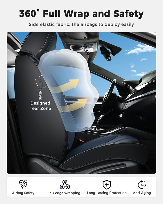 Huidasource Car Seat Covers, Universal Fit for Cars SUV Trucks, Black&Blue | Full Coverage Leather Seat Cover, Airbag, Cupholder Compatible, Seat Function Retain, Easy Install with Velcro