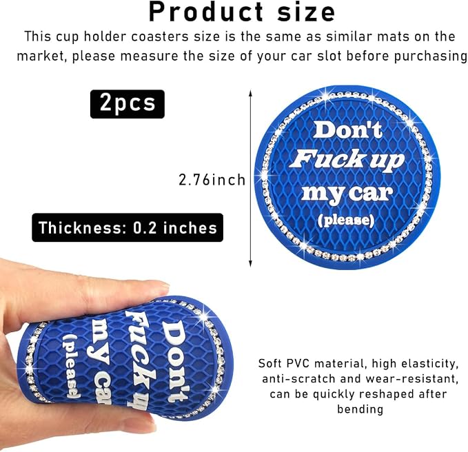 2 PCS Bling Car Cup Coaster, 2.75 Inch Anti-Slip Cup Holder Insert Coasters, Crystal Rhinestone Auto Drink Car Cup Mat for Women Girls, Universal Interior Car Accessories (Dark Blue)