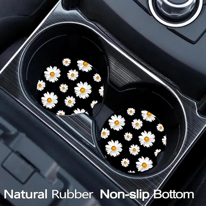 2 Pack White Daisy Car Cup Holder Coasters Universal Neoprene Coasters | 2.75" Universal Size Anti Slip Rubber Mat,Auto Cup Holder Decor Accessories for SUV Truck,Daisy Gifts for Women Men Mom