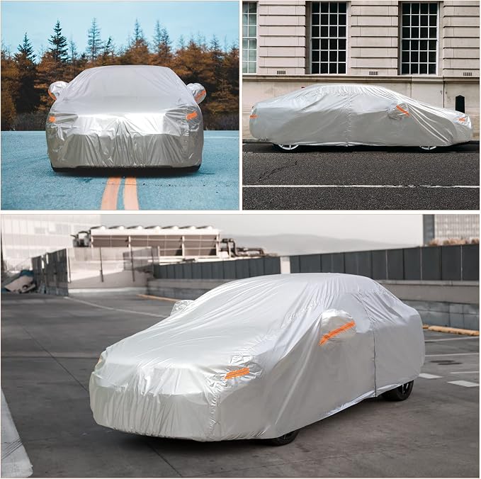 SEAZEN Car Cover with Zipper, 2 Layer Full Car Covers Waterproof/UV Protection/Snowproof/Dustproof, Universal Car Cover (Fit Sedan-Length Up to 200")