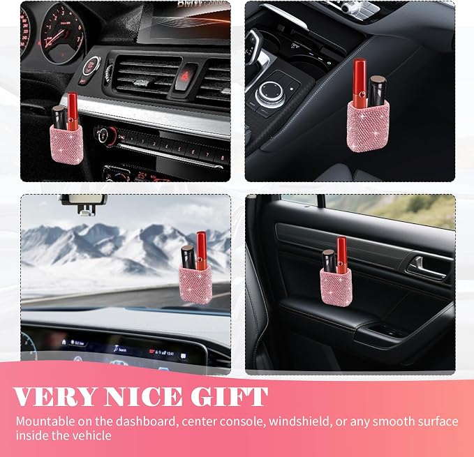 Bling Chapstick Holder for Car with Rhinestone,Portable Car Chapstick Holder as Chapsticks Organizer,Self-Adhesive Cars Lip Balm Holders Cars Interior Accessories for Women (Pink)