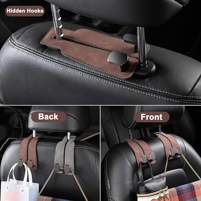 Amelity Car Headrest Hooks, Purse Hook for Car 4 Pack Brown | Universal Car Interior Accessories for Women, Available in 2/4 Pack, Storage Hanger Holds Purses, Backpacks, Grocery Bags