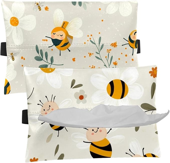 White Flower and bee (40) Car Tissue Holder, Hanging Tissue Holder in Car, Leather Car Napkin Holder for Universal Auto, Easy Use