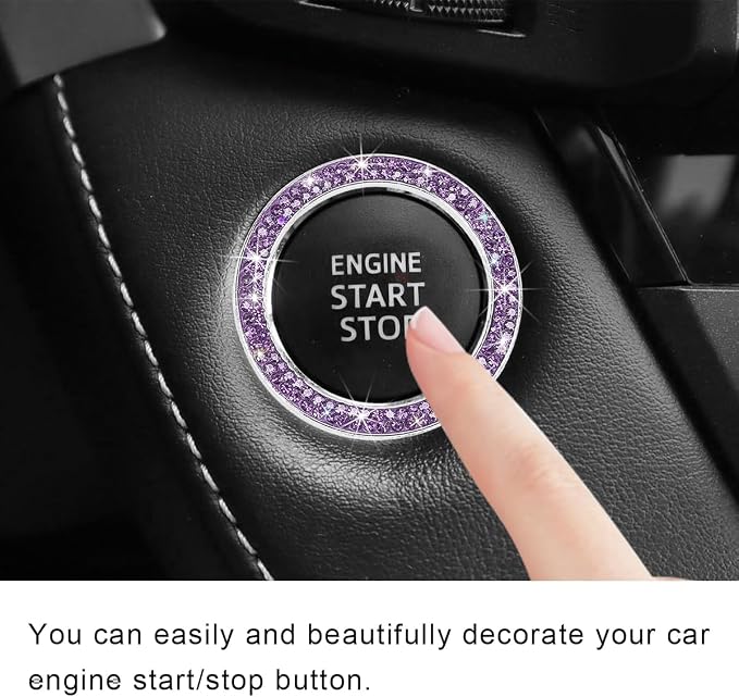 Car Bling Crystal Rhinestone Engine Start Ring Decals, Sparkling Diamond Car Push Start Button Ignition Ring Sticker, Auto Key Ignition Knob Ring Decoration for Women Girls (Purple)