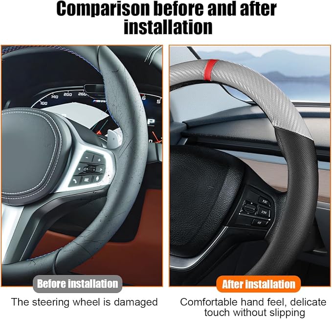 Carbon Fiber Car Steering Wheel Cover, Leather Breathable Automotive Wheel Protector, 15 Inch Anti-Slip Vehicle Interior Steering Accessories, Universal for SUV Truck Sedan (Silver Gray)