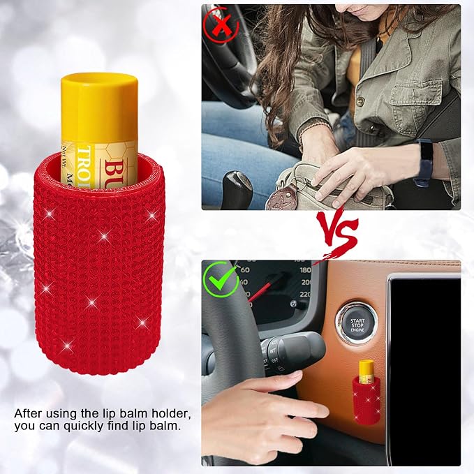 Upright Car Chapstick Holder, Bling Insulating Lip Balm Holder,Rhinestone Car Accessories for Women Interior ,Suitable for Most Vehicles. (Red)