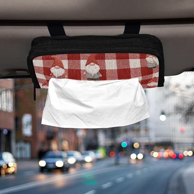 Car Visor Tissue Holder Mask Holder for Car, Car Tissue Box Sun Visor Napkin Holder Car Visor Accessories Adjustable Straps Reusable Durable Easy to Install Red Checkered Cute Gnome
