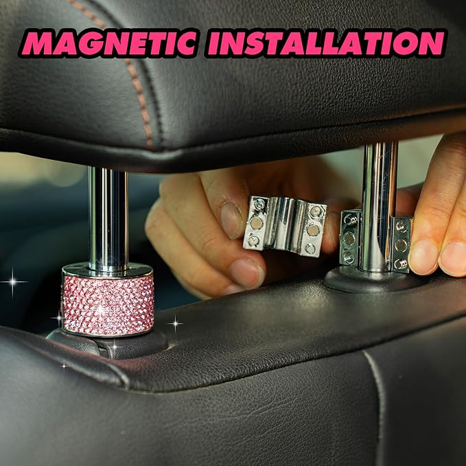 Rislobx 2PCS Magnetic Car Headrest Collars, Rhinestone Car Head Rest Collars Rings Decor, Bling Car Accessories for Women, Interior Decor Car SUV Truck (Pink)