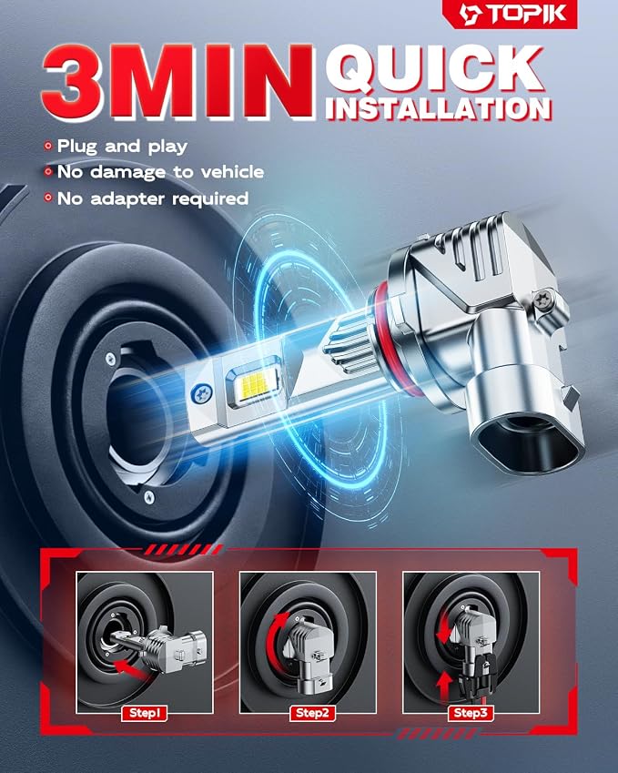TOPIK 9005/HB3 LED Bulb, 900% Brighter & Clearer Than Stock, CANbus Ready | Fog Bulbs 9005 for Powersports IP68 50000Hrs Lifespan, 1:1 Size 3 Mins Installation, 2 Pack