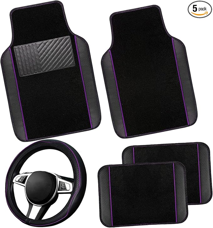 NBTEPEM Microfiber Steering Wheel Cover and Waterproof Car Floor Mats, Universal Fit Most Truck, SUV, Cars, 14.5-15inch Sporty Steering Wheel Covers with Anti-Slip Lining (Black with Purple line)