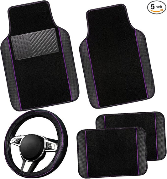 NBTEPEM Microfiber Steering Wheel Cover and Waterproof Car Floor Mats, Universal Fit Most Truck, SUV, Cars, 14.5-15inch Sporty Steering Wheel Covers with Anti-Slip Lining (Black with Purple line)