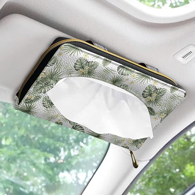 Green Palm Leaves Sun Visor Napkin Holder PU Leahter Car Visor Tissue Box Mask Holder for Car Durable Car Accessories
