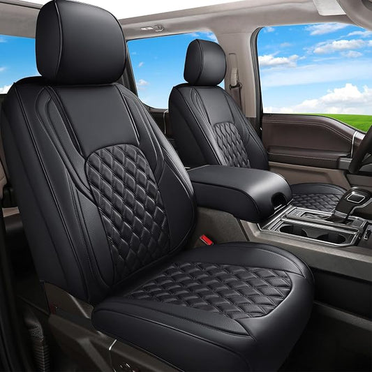 Huidasource F150 F250 F350 Front Seat Covers, Waterproof Leather Truck Seat Cushion Cover Fit for 2015-2026 Ford F150 SuperCrew & 2017-2026 F250 F350 F450 Super Duty Crew Cab(Front Pair/Black)