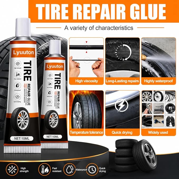 Tire Repair Kit with Tire Glue & Rubber Cement - Heavy Duty Tire Repair Glue for Car, Truck, Motorcycle - Fix a Flat Tire Sealant & Puncture Plug Kit - Durable Tire adhesive Sidewall Repair 2pcs