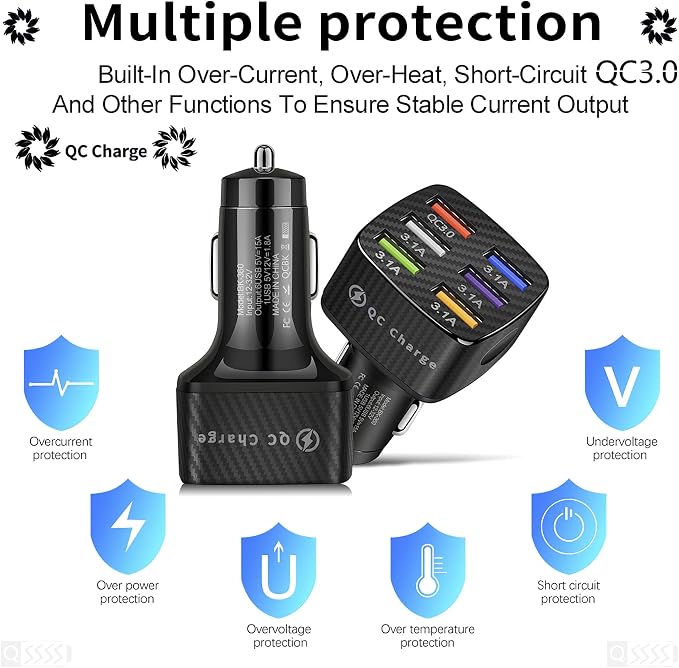 Amiss Car Charger Adapter, 6 USB Multi Port, Fast Charger, Include QC 3.0 and 5 Other Ports, Car Interior Accessories, Fit for iPhone 17/16/15/14/13Pro Max, Samsung, Android (Black 1pc)