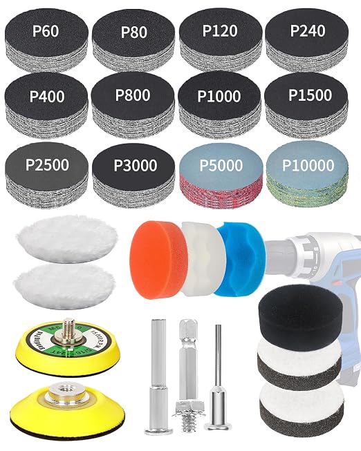 194 PCS 2 Inch Wet Dry Sanding Discs, Drill Polishing Kit with 60 to 10000 Grit Hook and Loop Sandpaper Assortment for Dremel, Headlight Restoration Kit with Buffing Pads for Auto Wood Metal Resin