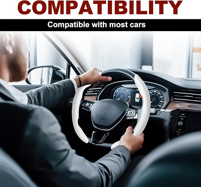 Universal Fit Carbon Fiber Steering Wheel Cover, Segmented Steering Wheel Protector, Carbon Fiber Anti-Skid Steering Wheel Cover Car Interior Accessories (2 Pcs White)